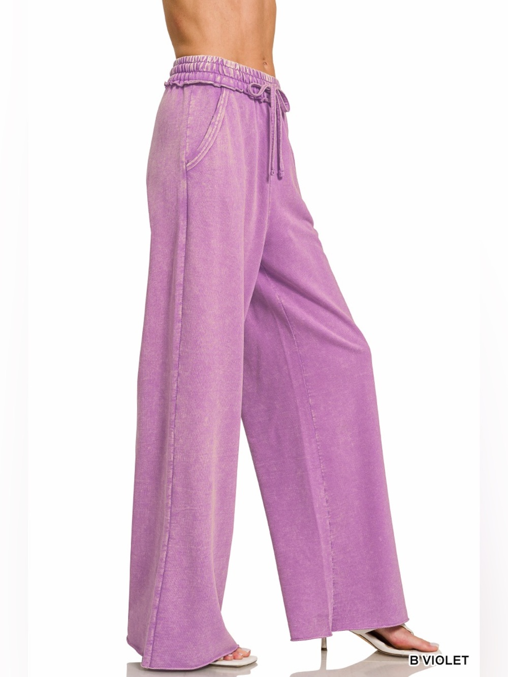Z400  K6 2 Left Zenana Mocha French Terry Acid Washed Wide-Leg Pants - Brown - Picture 3 of 5